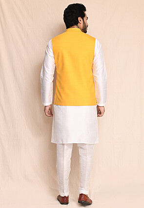 Printed Art Silk Kurta Set in Off White