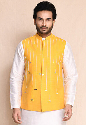 Printed Art Silk Kurta Set in Off White