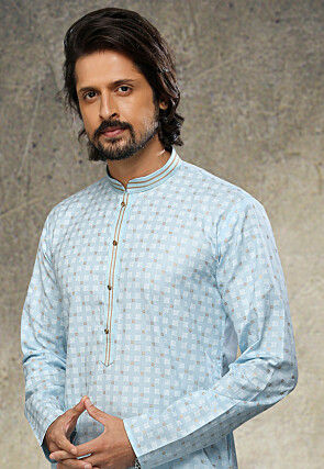Printed Art Silk Kurta Set in Sky Blue