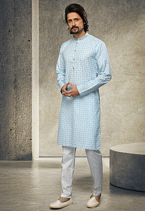 Printed Art Silk Kurta Set in Sky Blue