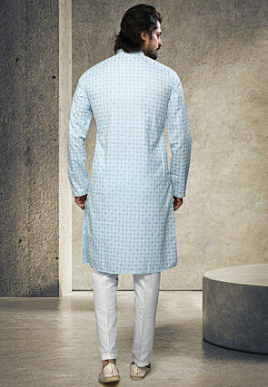 Printed Art Silk Kurta Set in Sky Blue