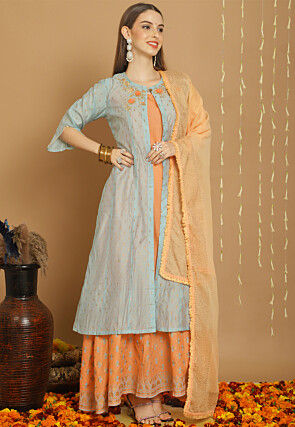 Printed Art Silk Layered Abaya Style Suit in Grey and Orange