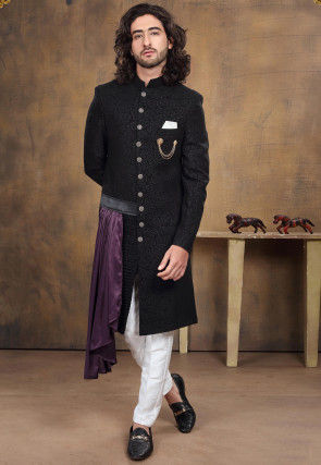 Printed Art Silk Layered Sherwani in Black