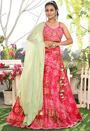 Printed Art Silk Lehenga in Coral Pink
