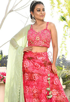 Printed Art Silk Lehenga in Coral Pink