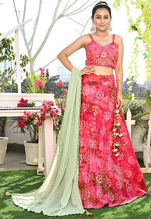 Printed Art Silk Lehenga in Coral Pink