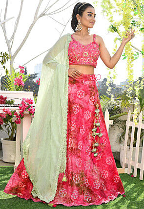 Printed Art Silk Lehenga in Coral Pink