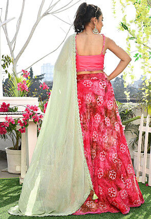 Printed Art Silk Lehenga in Coral Pink