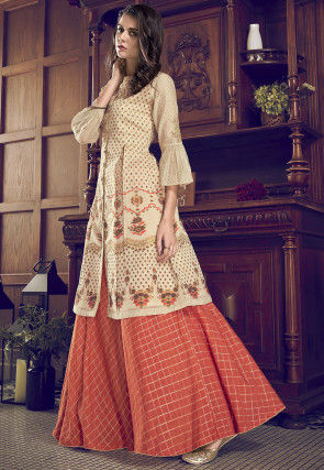 Printed Art Silk Lehenga in Cream
