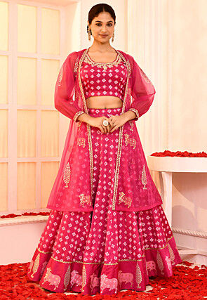 Printed Art Silk Lehenga in Fuchsia