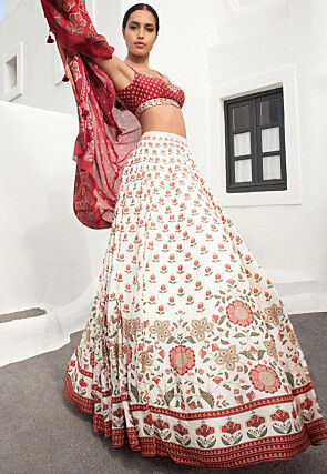 Printed Art Silk Lehenga in Off White