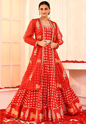 Printed Art Silk Lehenga in Red
