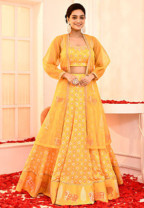 Printed Art Silk Lehenga in Yellow
