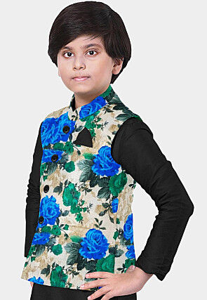 Printed Art Silk Nehru Jacket in Beige