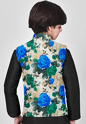 Printed Art Silk Nehru Jacket in Beige