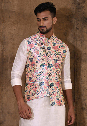 Printed Art Silk Nehru Jacket in Beige