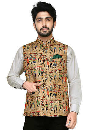 Printed Art Silk Nehru Jacket in Beige