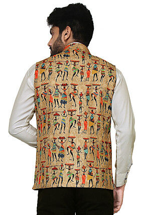 Printed Art Silk Nehru Jacket in Beige