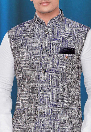 Printed Art Silk Nehru Jacket in Navy Blue