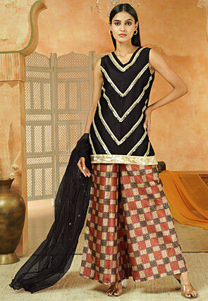 Printed Art Silk Pakistani Suit in Black