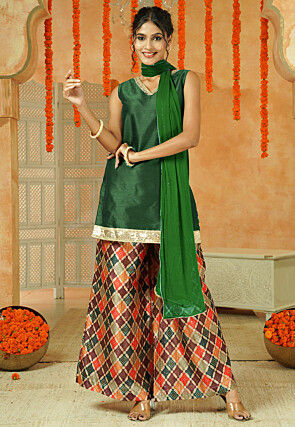 Printed Art Silk Pakistani Suit in Dark Green