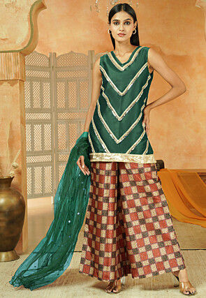 Printed Art Silk Pakistani Suit in Dark Green