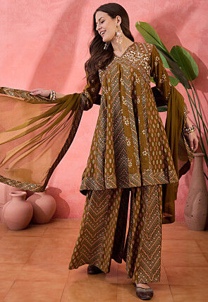 Printed Art Silk Pakistani Suit in Dark Olive Green