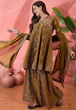 Printed Art Silk Pakistani Suit in Dark Olive Green