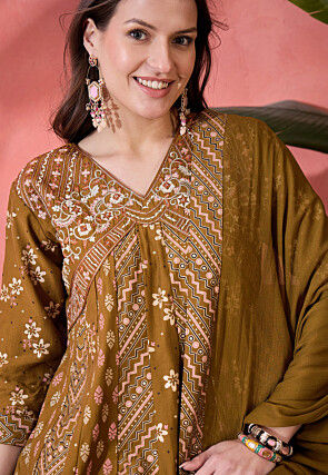 Printed Art Silk Pakistani Suit in Dark Olive Green