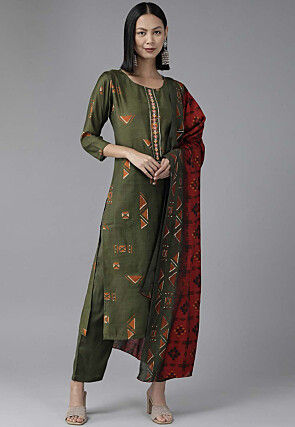 Printed Art Silk Pakistani Suit in Dark Olive Green
