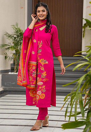 Printed Art Silk Pakistani Suit in Fuchsia