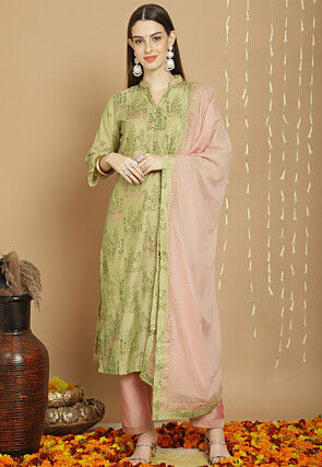 Printed Art Silk Pakistani Suit in Light Green