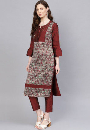 Printed Art Silk Pakistani Suit in Maroon