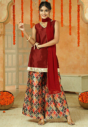 Printed Art Silk Pakistani Suit in Maroon