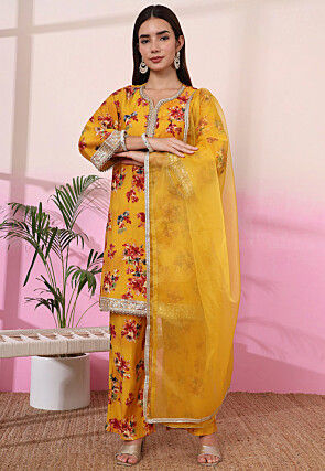 Printed Art Silk Pakistani Suit in Mustard
