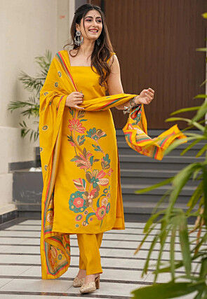 Printed Art Silk Pakistani Suit in Yellow