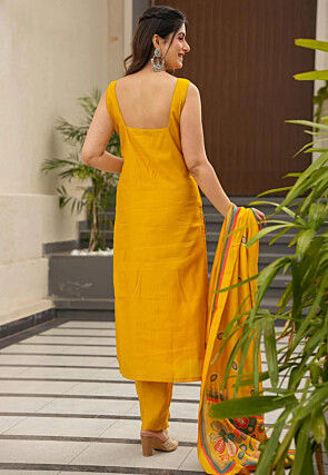 Printed Art Silk Pakistani Suit in Yellow