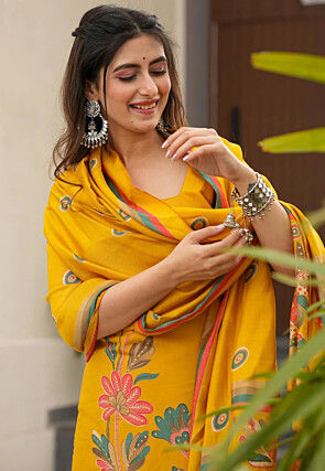 Printed Art Silk Pakistani Suit in Yellow