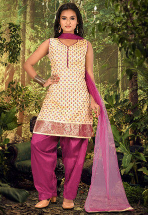 Printed Art Silk Punjabi Suit in Light Beige