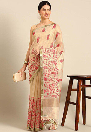 Printed Art Silk Saree in Beige