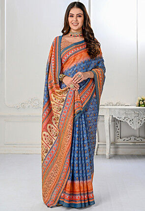 Printed Art Silk Saree in Blue