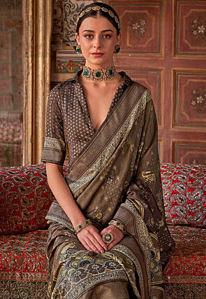 Printed Art Silk Saree in Brown
