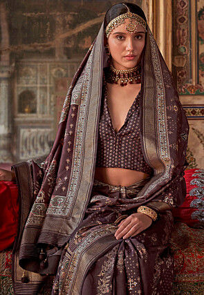 Printed Art Silk Saree in Brown