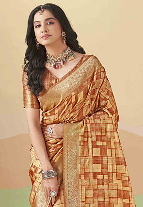 Printed Art Silk Saree in Brown