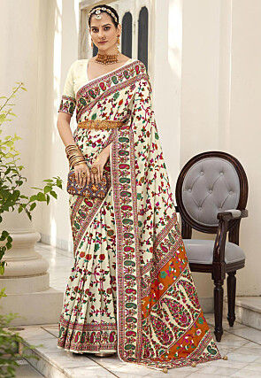 Printed Art Silk Saree in Cream