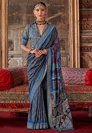 Printed Art Silk Saree in Dark Blue