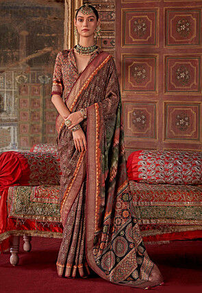 Printed Art Silk Saree in Dark Brown