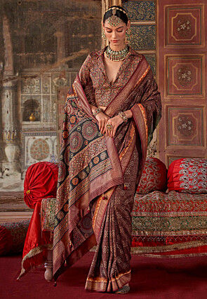 Printed Art Silk Saree in Dark Brown