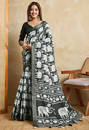 Printed Art Silk Saree in Dark Green