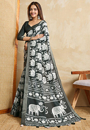 Printed Art Silk Saree in Dark Green